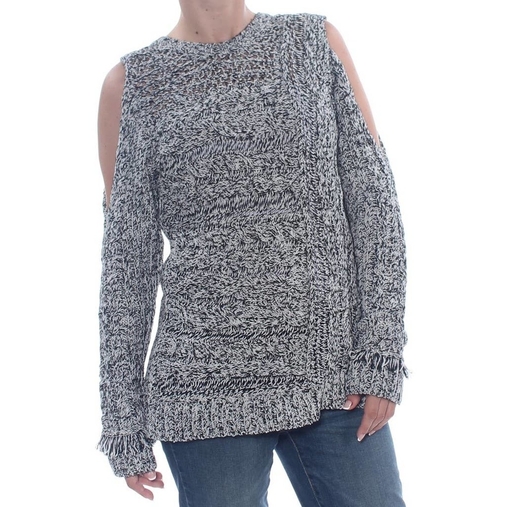 Love Scarlett Sweater Large Womens B‎ W Cold Shoulder Fringe Detail